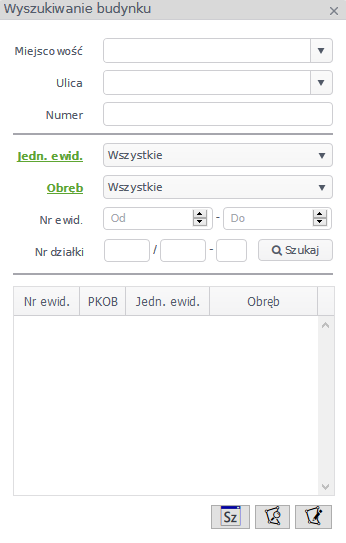 Widok okna wyszukiwania budynku
