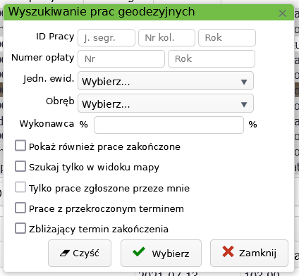 Widok okna wyszukiwania prac geodezyjnych