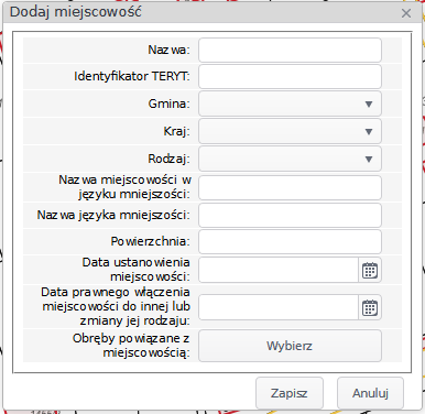 Widok okna Dodania miejscowości